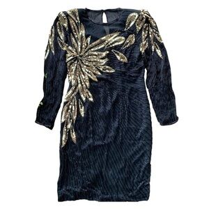 Vtg AJ Bari Metallic Beaded Sequined Silk Sheer Evening Dress Black Gold Size 4P